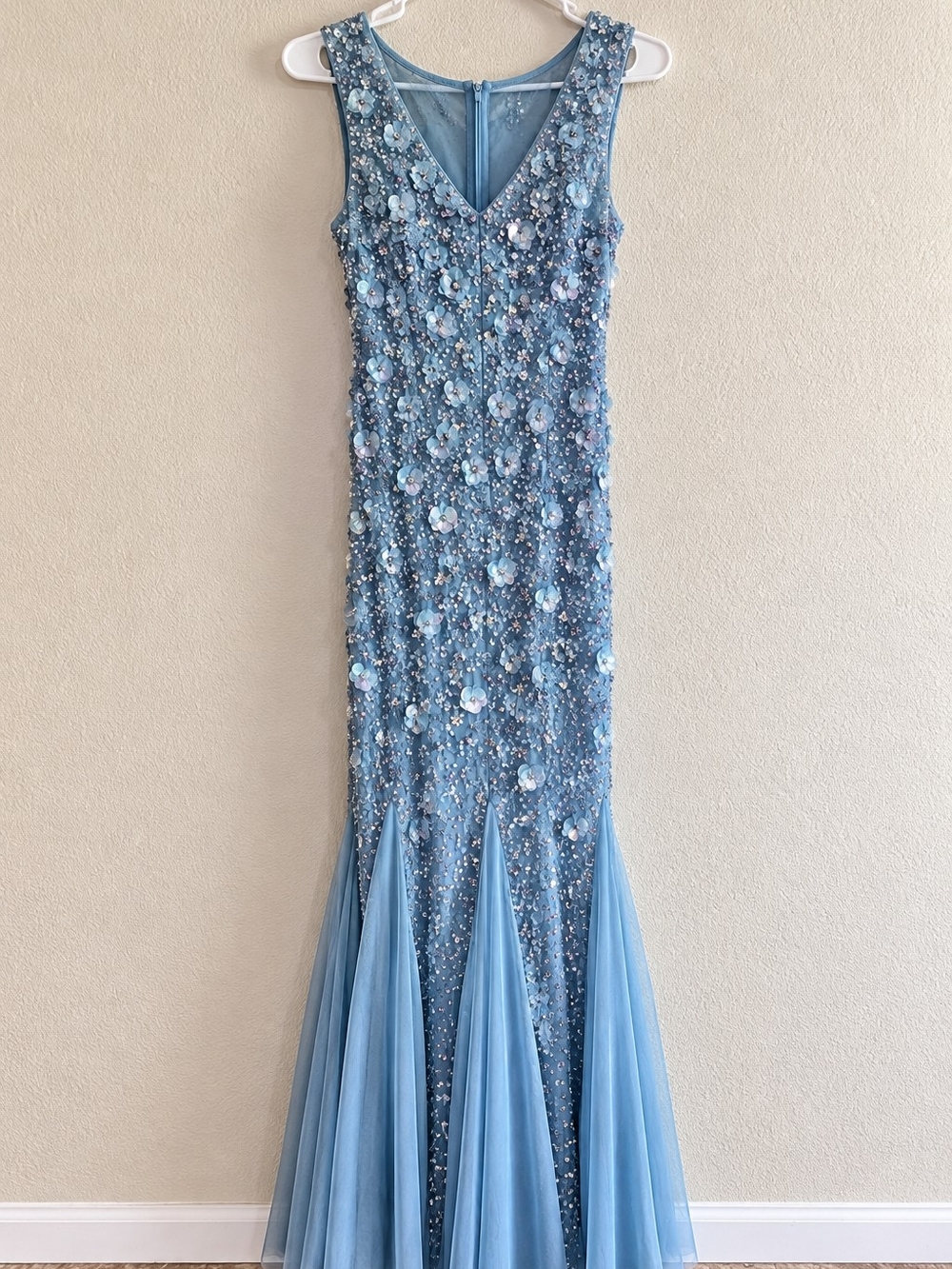 Adrianna Papell Powder Blue Beaded Mermaid Evening Gown
